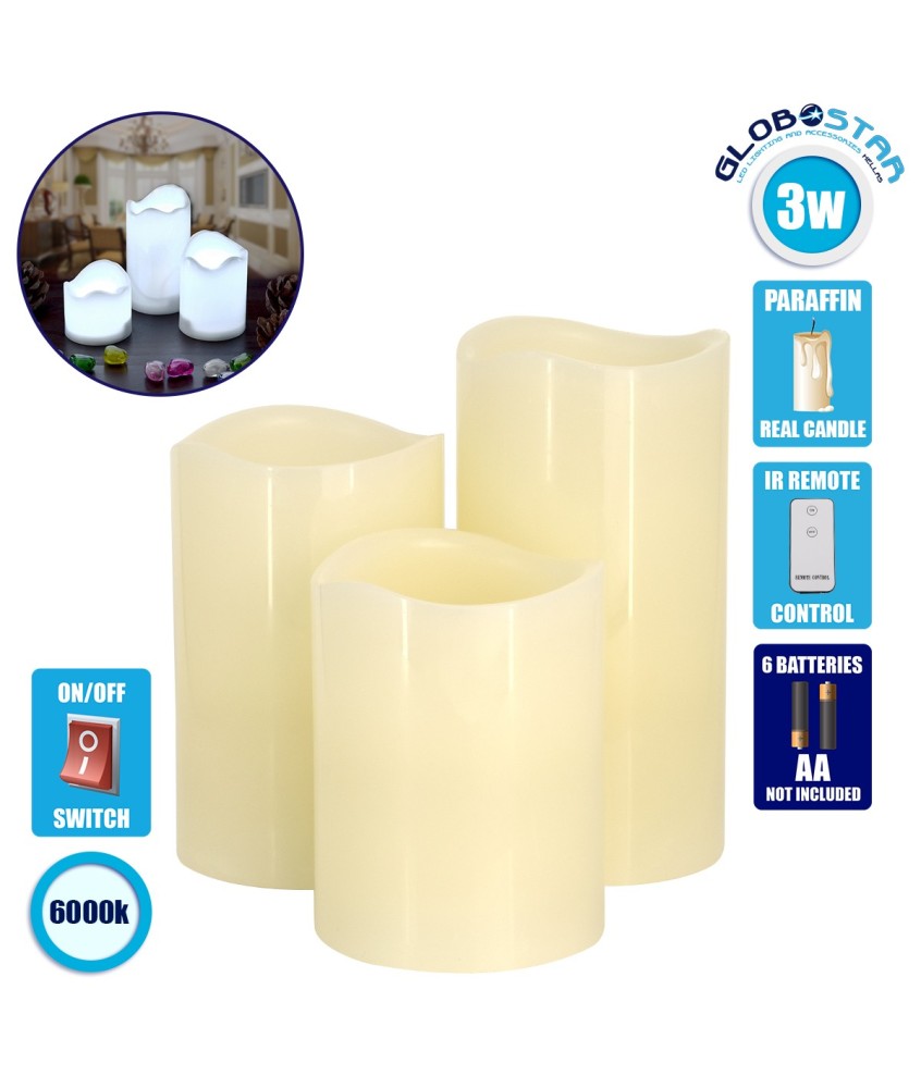 GloboStar® 79554 ΣΕΤ 3 Διακοσμητικών Realistic Κεριών Παραφίνης με LED - Μπαταρίας & Ασύρματο Χειριστήριο IR Ψυχρό Λευκό 6000K